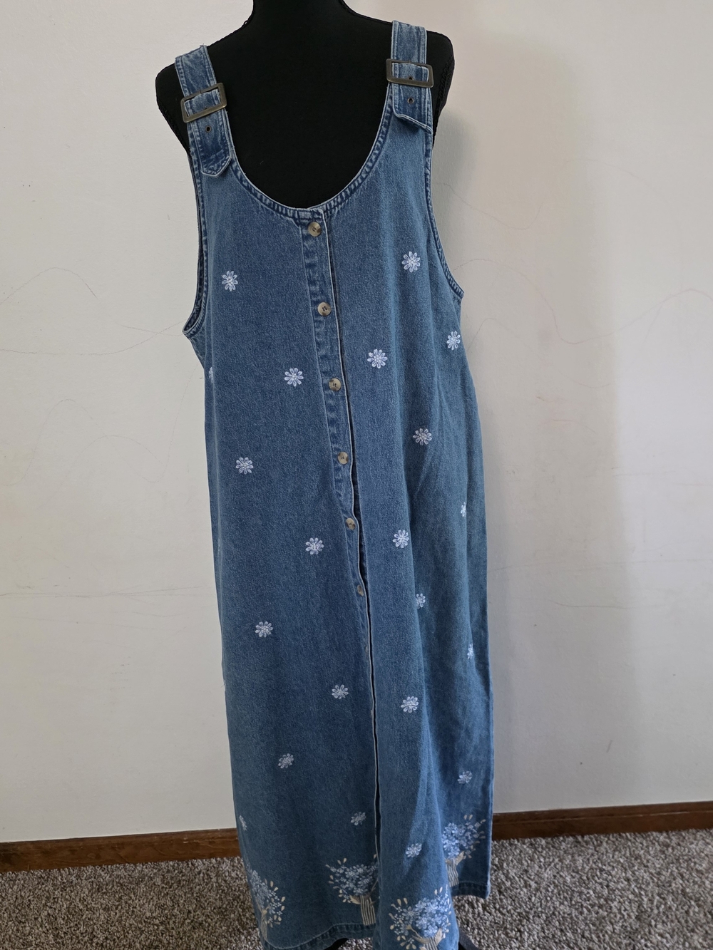 Blue Denim Button-Front Maxi Dress with White Floral Embroidery